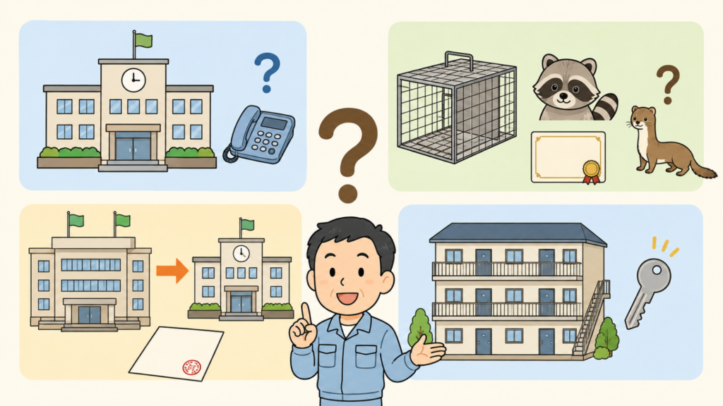 市役所と電話、アライグマの顔と修了証を添えた空の捕獲檻とその外に置かれたイタチ、県の庁舎から市役所へ矢印が伸びる判子付きの書類、賃貸マンションと鍵の四つのコマを配置した質問と回答のいらすとや風イラスト