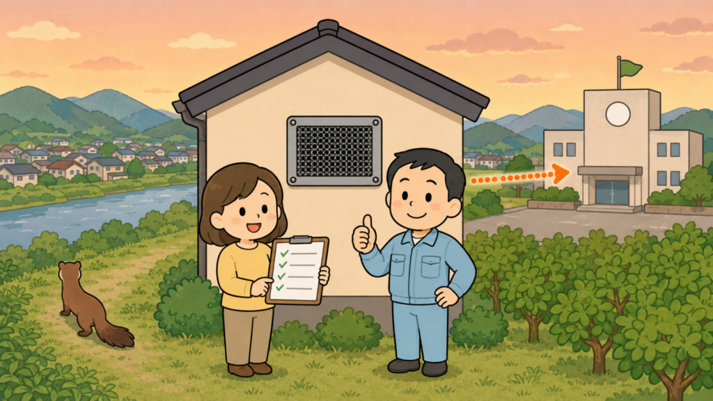 夕暮れの紀の川沿いの住宅地で、金網を張った換気口のある家の前でチェックリストを持つ住民女性と親指を立てる作業服の男性、右奥の市役所へ伸びる点線矢印、川ぎわへ帰るイタチの後ろ姿を描いたいらすとや風イラスト