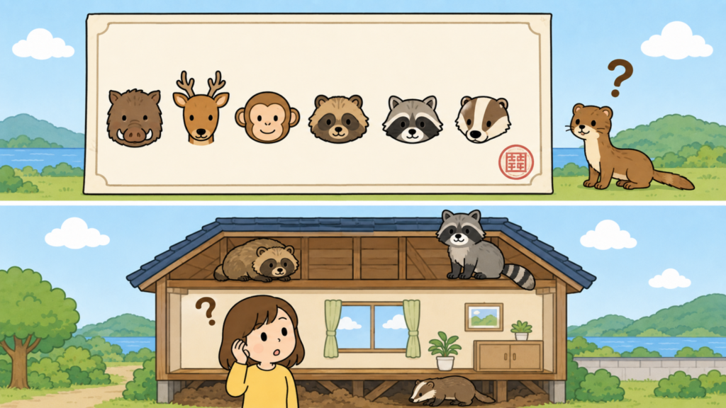 判子付きの書類にイノシシ・シカ・サル・タヌキ・アライグマ・アナグマの顔が並びその外にイタチと疑問符を置き、下段では家の断面の屋根裏にタヌキ、屋根の上にアライグマ、床下にアナグマを配したいらすとや風イラスト