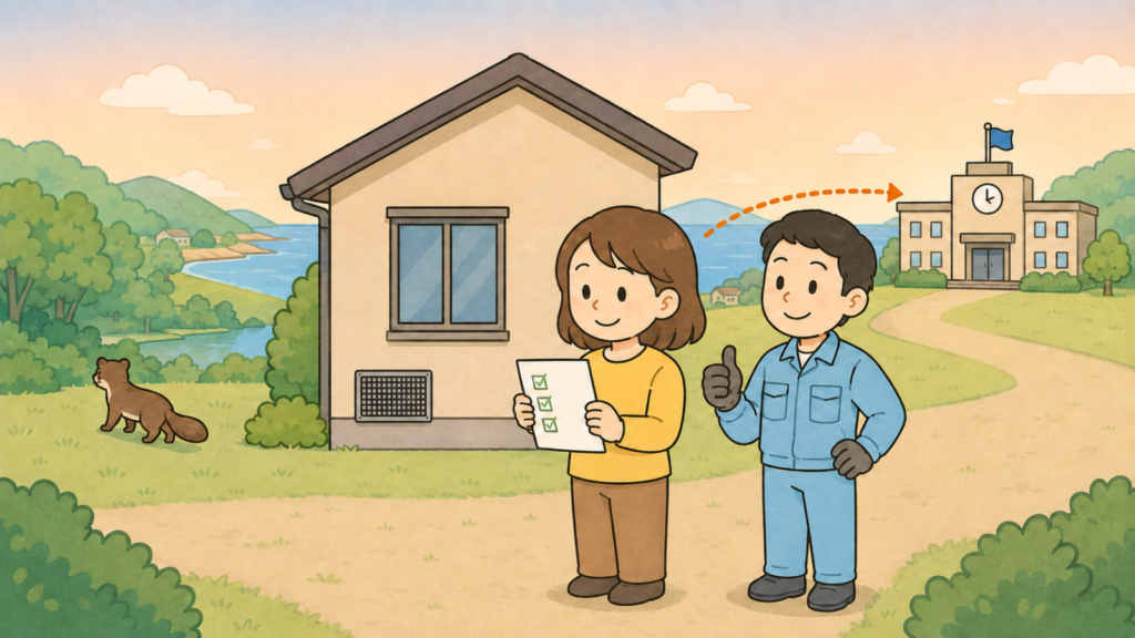 夕暮れの海辺の住宅地で、金網を張った換気口のある家の前でチェックリストを持つ住民女性と親指を立てる作業服の男性、右奥の市役所へ伸びる点線矢印、左奥の樹林へ帰るイタチを描いたいらすとや風イラスト