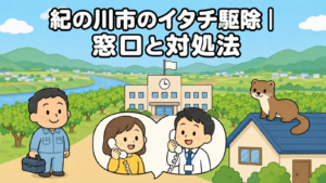 紀の川に沿った平野と果樹園、丘陵と山なみを背景に、時計と旗のある市役所と電話で相談する住民女性、受話器を持って応対する市職員、屋根の上のイタチ、工具箱を持つ作業服の男性を描いたいらすとや風イラスト