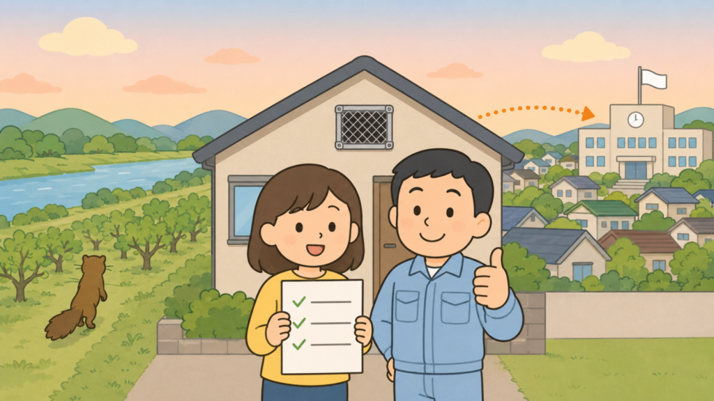 夕暮れの紀の川沿いの住宅地で、金網を張った換気口のある家の前でチェックリストを持つ住民女性と親指を立てる作業服の男性、右奥の市役所へ伸びる点線矢印、左奥の果樹園へ帰るイタチを描いたいらすとや風イラスト