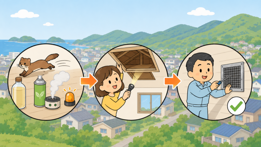 木酢液や忌避剤スプレー、くん煙剤と点滅ライトで嫌がって離れていくイタチ、天井の点検口を懐中電灯で照らして確かめる住民女性、換気口に金網を取り付ける作業服の男性を矢印でつないだいらすとや風イラスト