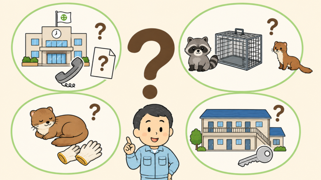 時計と旗のある市役所と受話器と書類、アライグマと空の捕獲檻とその外に立つイタチ、目を閉じてうずくまるイタチと軍手、賃貸マンションと鍵の四つのコマにそれぞれ疑問符を添えた質問と回答のいらすとや風イラスト