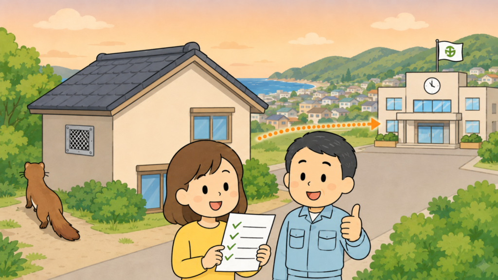 夕暮れの海沿いの住宅地で、金網を張った換気口のある家の前でチェックリストを持つ住民女性と親指を立てる作業服の男性、右奥の市役所へ伸びる点線矢印、左奥の緑地へ帰るイタチを描いたいらすとや風イラスト