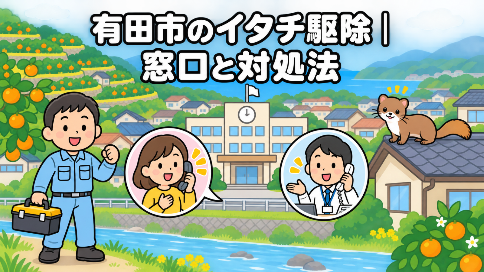 みかん畑の段々になった斜面と川沿いの住宅地を背景に、時計と旗のある有田市役所、電話で相談する住民女性と受話器を持って応対する市職員、屋根に座るイタチ、工具箱を持つ作業員を配したいらすとや風イラスト