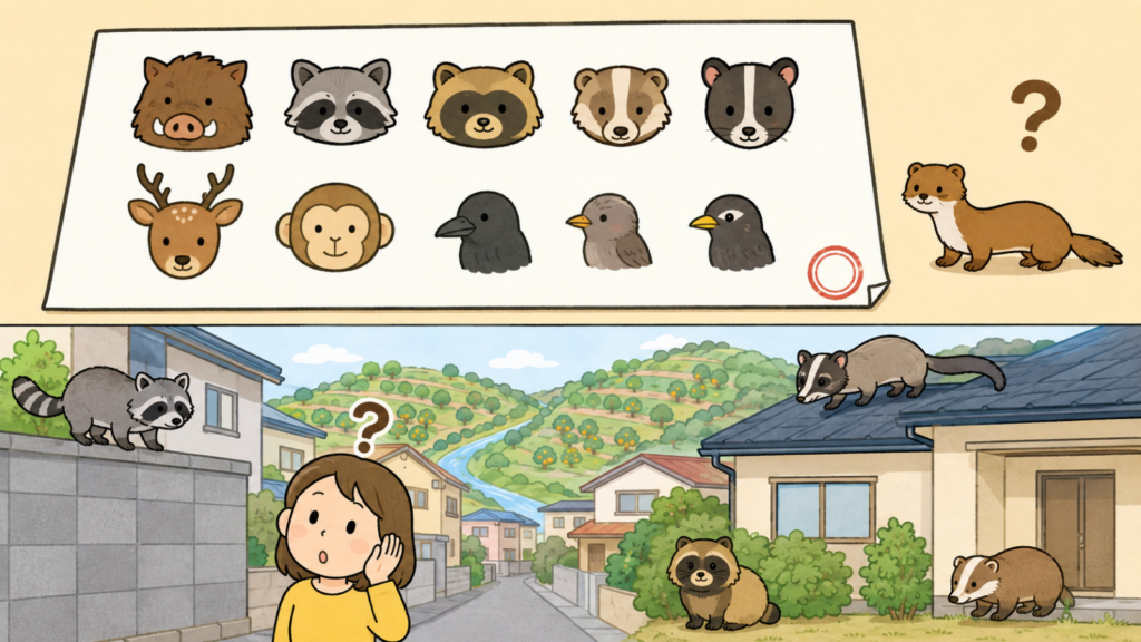 有田市の鳥獣被害防止計画の対象十種としてイノシシやアライグマなどの顔を並べた書類の外にイタチと疑問符を置き、下段で塀のアライグマ、屋根のハクビシン、庭のタヌキとアナグマを描いたいらすとや風イラスト