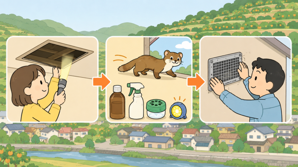 天井の点検口を懐中電灯で照らして確かめる住民女性、木酢液や忌避剤スプレーとくん煙剤、点滅ライトを嫌って天井裏から離れるイタチ、換気口に金網を取り付ける作業服の男性を矢印でつないだいらすとや風イラスト