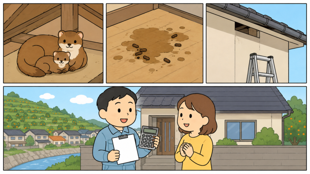 天井裏で寄り添うイタチの親子、床に広がる糞尿のしみと糞、屋根と外壁の接合部の高い隙間と脚立を三コマで示し、家の前で見積書と電卓を手に説明する作業服の男性と住民女性を描いたいらすとや風イラスト