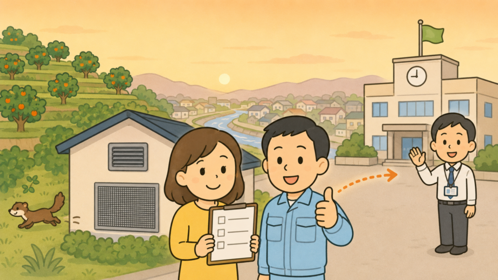 夕暮れのみかん畑と川沿いの住宅地で、金網を張った換気口のある家の前にチェックリストを持つ住民女性と親指を立てる作業服の男性、右奥の市役所へ伸びる点線矢印、左へ帰るイタチを描いたいらすとや風イラスト