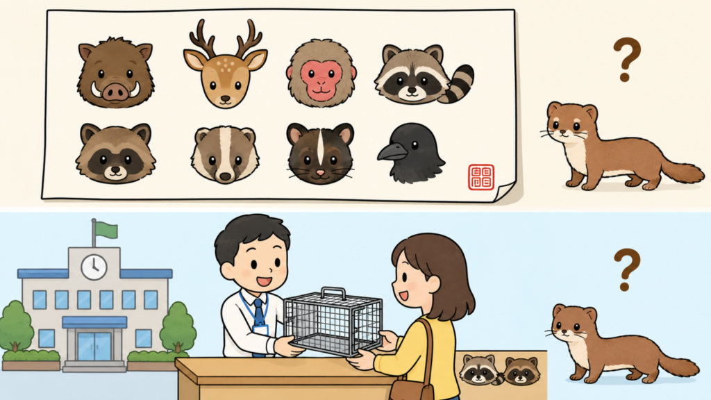 御坊市の鳥獣被害防止計画の対象八種としてイノシシやアライグマなどの顔を並べた書類の外にイタチと疑問符を置き、下段では市役所の窓口で職員が住民へ空の箱わなを手渡す場面を描いたいらすとや風イラスト