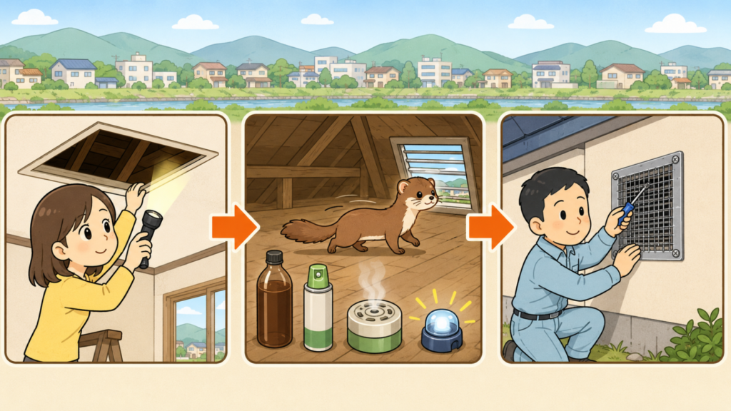 天井の点検口を懐中電灯で照らして確かめる住民女性、木酢液や忌避剤スプレーとくん煙剤、点滅ライトを嫌って天井裏から離れるイタチ、換気口に金網を取り付ける作業服の男性を矢印でつないだいらすとや風イラスト