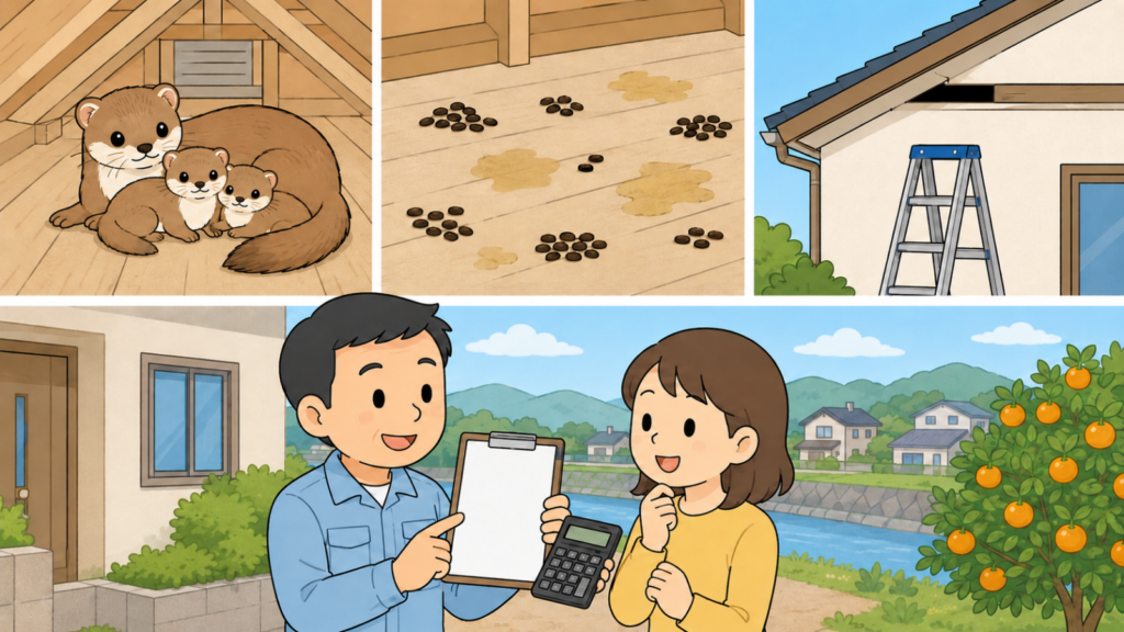 天井裏で寄り添うイタチの親子、床に広がる糞尿のしみと糞、屋根と外壁の接合部の高い隙間と脚立を三コマで示し、川とみかん畑を望む家の前で見積書と電卓を手に説明する作業服の男性と住民女性のいらすとや風イラスト