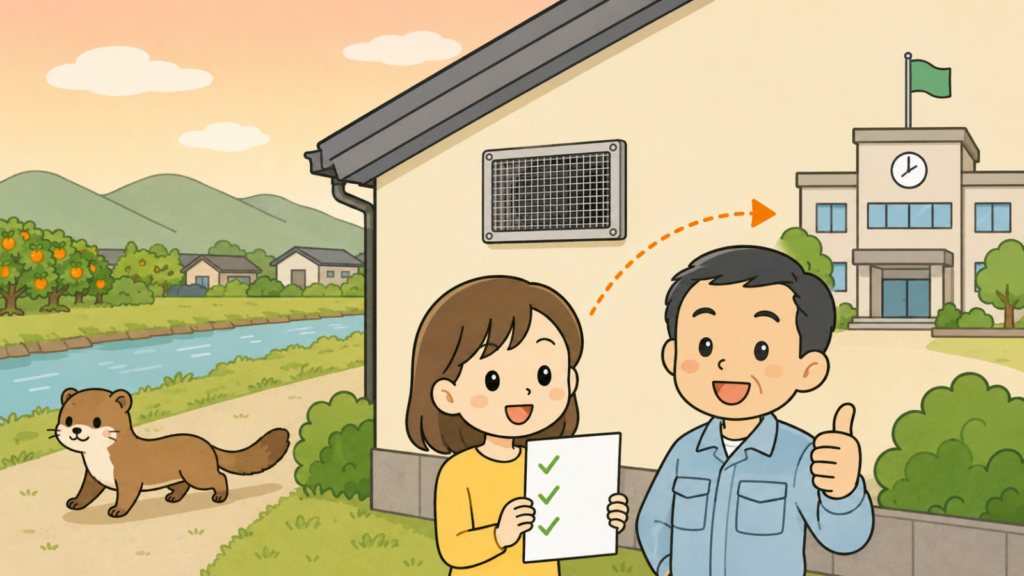 夕暮れの川沿いの住宅地とみかん畑を背景に、金網を張った換気口のある家の前でチェックリストを持つ住民女性と親指を立てる作業服の男性、右奥の市役所へ伸びる点線矢印、左へ帰るイタチを描いたいらすとや風イラスト