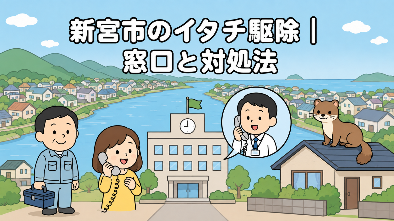 川が市街地を抜けて海へ流れる風景と川沿いの家並みを背景に、時計と旗のある新宮市役所、電話で相談する住民女性と受話器を持って応対する市職員、屋根に座るイタチ、工具箱を持つ作業員を配したいらすとや風イラスト