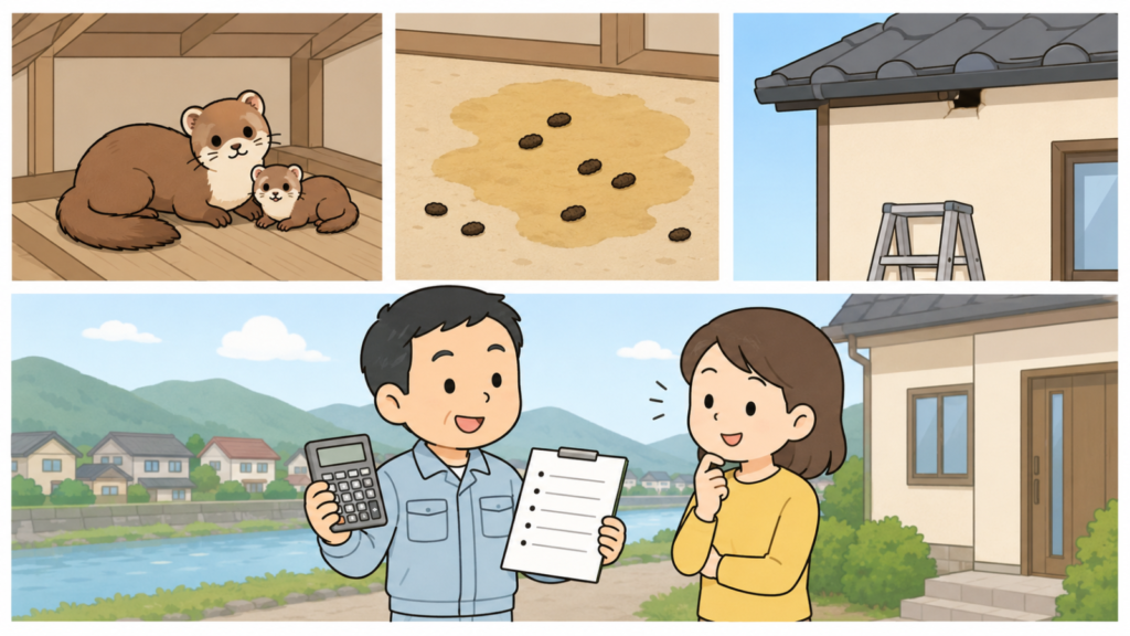 天井裏で寄り添うイタチの親子、床に広がる糞尿のしみと糞、屋根と外壁の接合部の高い隙間と脚立を三コマで示し、川沿いの家並みを望む家の前で電卓と見積書を手に説明する作業服の男性と住民女性のいらすとや風イラスト