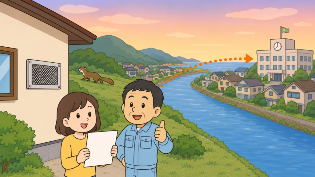 夕暮れの川沿いの住宅地と背後の低い山を背景に、金網を張った換気口のある家の前でチェックリストを持つ住民女性と親指を立てる作業服の男性、右奥の市役所へ伸びる点線矢印、左手前のイタチを描いたいらすとや風イラスト