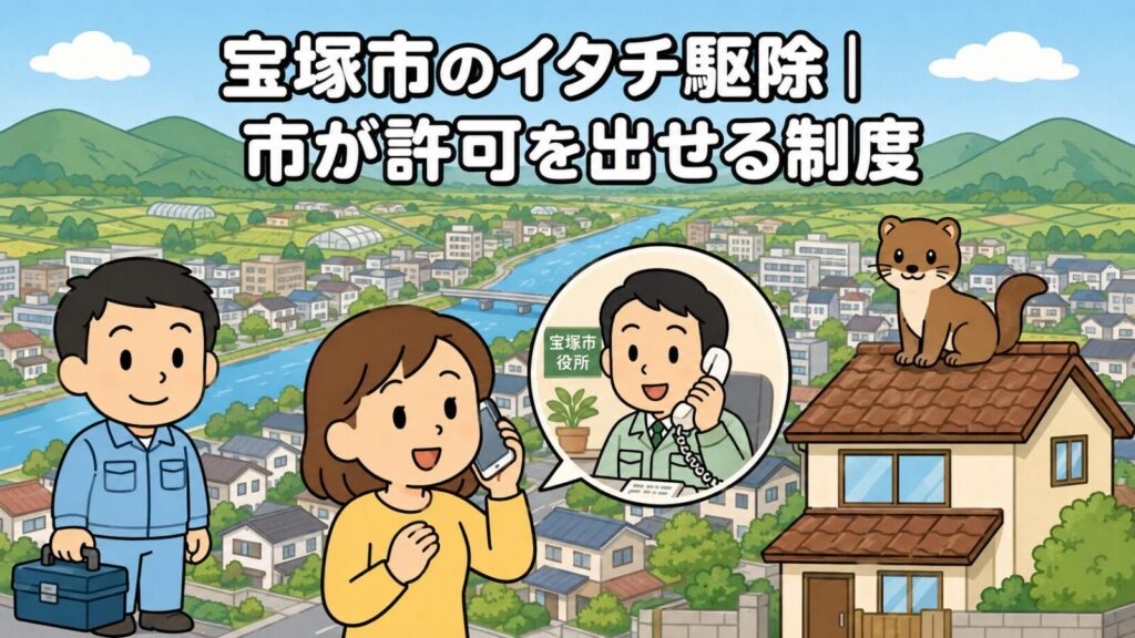 宝塚市のイタチ駆除と市が許可を出せる制度を表すいらすとや風のメインアイキャッチ。北に緑の山並みと農地、南に住宅街が広がり街なかを川が流れる風景を背景に、スマートフォンで相談する女性と工具箱を持つ作業員、電話で応対する市職員の吹き出し、瓦屋根の上のイタチを描いている