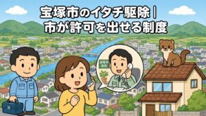 宝塚市のイタチ駆除と市が許可を出せる制度を表すいらすとや風のメインアイキャッチ。北に緑の山並みと農地、南に住宅街が広がり街なかを川が流れる風景を背景に、スマートフォンで相談する女性と工具箱を持つ作業員、電話で応対する市職員の吹き出し、瓦屋根の上のイタチを描いている
