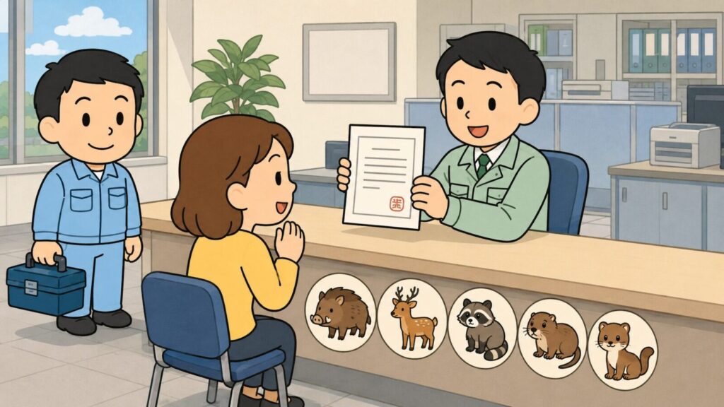 市役所の窓口カウンターで職員が判子付きの許可証風の書類を示しながら相談者に応対し、カウンターの手前にイノシシ・シカ・アライグマ・ヌートリア・イタチの5種を同じ丸いアイコンで並べて、イタチも計画の対象鳥獣であることを示した宝塚市の相談窓口のいらすとや風イラスト