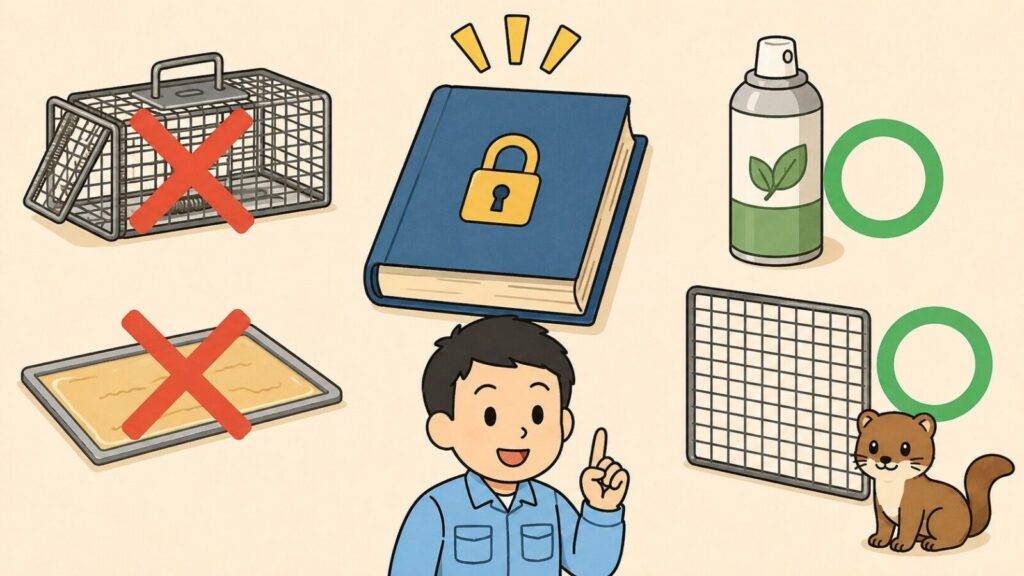 錠前アイコン付きの法律の本と黄色い注意マークを中央に置き、左に赤いバツ印の付いた箱わなと粘着シート、右に緑の丸印の付いた忌避スプレーと金網、足元にイタチを配置し、人差し指を立てて説明する作業員を添えたいらすとや風イラスト