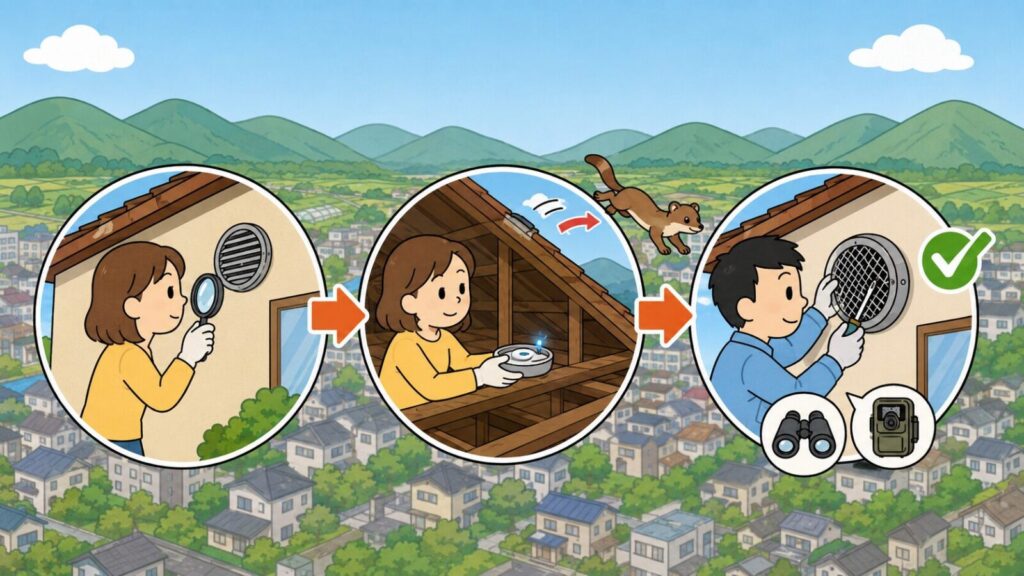 北の緑の山並みと住宅街を背景に、換気口の隙間を虫眼鏡で点検する場面、屋根裏に忌避剤を置いてイタチを追い出す場面、双眼鏡とカメラで確認してから金網を取り付ける場面を矢印でつないだいらすとや風イラスト
