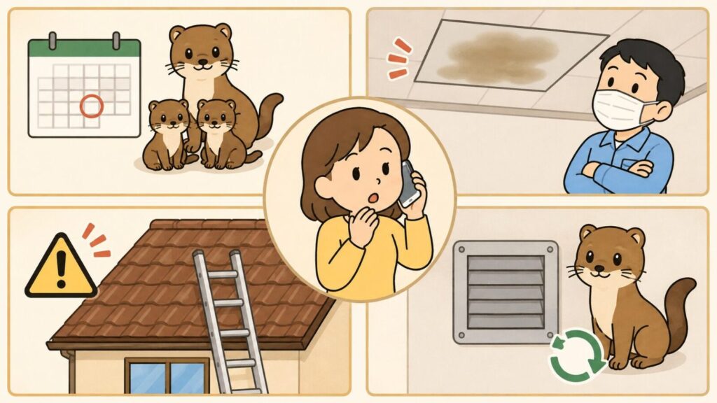 カレンダーの前に並ぶ親子のイタチ、マスクを着けて糞尿のシミが広がる天井板を見上げる作業員、はしごを立てかけた屋根の注意マーク、金網でふさいだ換気口の横に現れたイタチの4場面と、中央で困り顔で電話する住民を描いたいらすとや風イラスト