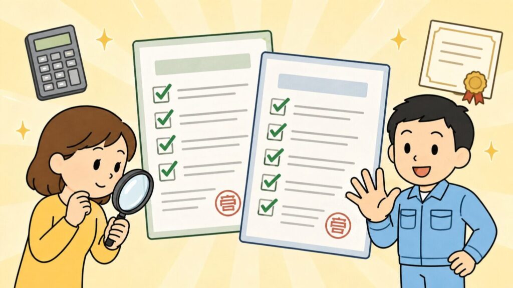 虫眼鏡で見積書を確認する住民と、手のひらを開いて5つのポイントを示す作業員を左右に配置し、緑のチェックマークが並んだ判子付きの書類2枚と電卓、資格証を添えたいらすとや風イラスト