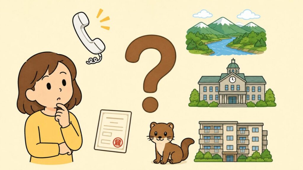 クエスチョンマークを中央に置き、受話器、山あいを流れる川の風景、市役所の庁舎、判子付きの許可証、集合住宅、イタチのアイコンを周囲に配して、あごに手を当てて考える住民を添えたいらすとや風イラスト