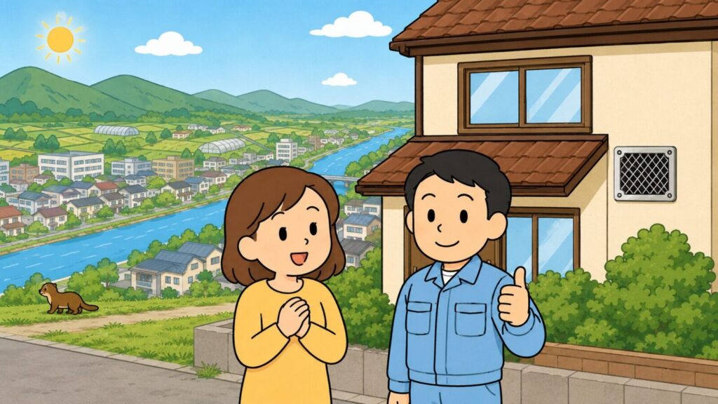 北の緑の山並みと農地、川沿いの住宅街を背景に、金網で換気口をふさいだ住宅の前で笑顔の住民と親指を立てる作業員が並び、川べりの草地へ去っていくイタチを描いた、宝塚市での対策完了を表すいらすとや風イラスト