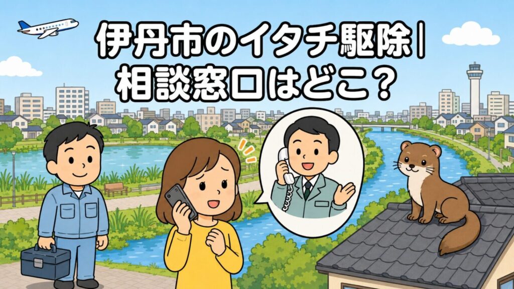 伊丹市のイタチ駆除の相談窓口を表すいらすとや風のメインアイキャッチ。川沿いの遊歩道と平坦な市街地、空港の管制塔と旅客機を背景に、スマートフォンで相談する女性と工具箱を持つ作業員、電話で応対する職員の吹き出し、瓦屋根の上のイタチを描いている