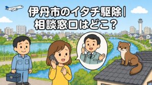 伊丹市のイタチ駆除の相談窓口を表すいらすとや風のメインアイキャッチ。川沿いの遊歩道と平坦な市街地、空港の管制塔と旅客機を背景に、スマートフォンで相談する女性と工具箱を持つ作業員、電話で応対する職員の吹き出し、瓦屋根の上のイタチを描いている