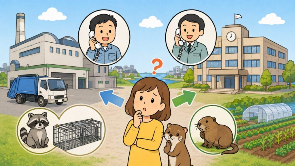 左に清掃施設とごみ収集車・電話で応対する職員・アライグマと箱罠のアイコン、右に市役所の庁舎と職員・ヌートリアと畑のアイコンを配置し、中央で相談先に迷う住民とイタチ、左右への矢印を描いた、伊丹市の窓口分担を表すいらすとや風イラスト