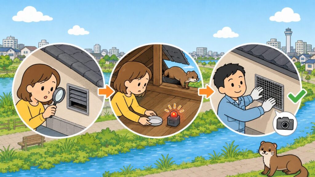 川沿いの遊歩道と平坦な市街地を背景に、換気口の隙間を虫眼鏡で点検する場面、屋根裏に忌避剤とライトを仕掛けてイタチを追い出す場面、金網を取り付けて確認する場面を矢印でつないだいらすとや風イラスト