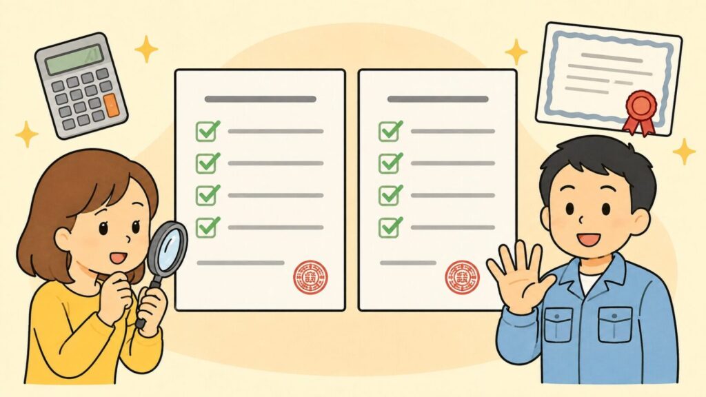 虫眼鏡で見積書を確認する住民と、手のひらを開いて5つのポイントを示す作業員を左右に配置し、緑のチェックマークが並んだ判子付きの書類2枚と電卓、資格証を添えたいらすとや風イラスト