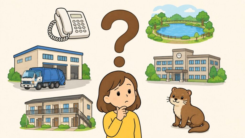 クエスチョンマークを中央に置き、電話機、緑に囲まれた池の風景、ごみ収集車が停まる清掃施設、市役所の庁舎、集合住宅、イタチのアイコンを周囲に配して、あごに手を当てて考える住民を添えたいらすとや風イラスト