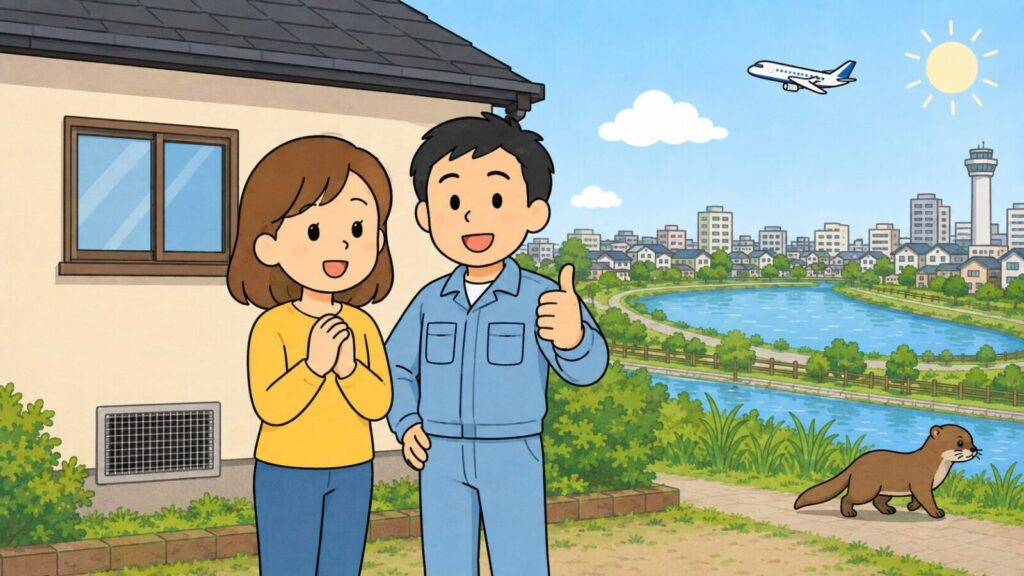 川沿いの緑地と平坦な市街地、空を飛ぶ旅客機を背景に、金網で換気口をふさいだ住宅の前で笑顔の住民と親指を立てる作業員が並び、水辺の草地へ去っていくイタチを描いた、伊丹市での対策完了を表すいらすとや風イラスト