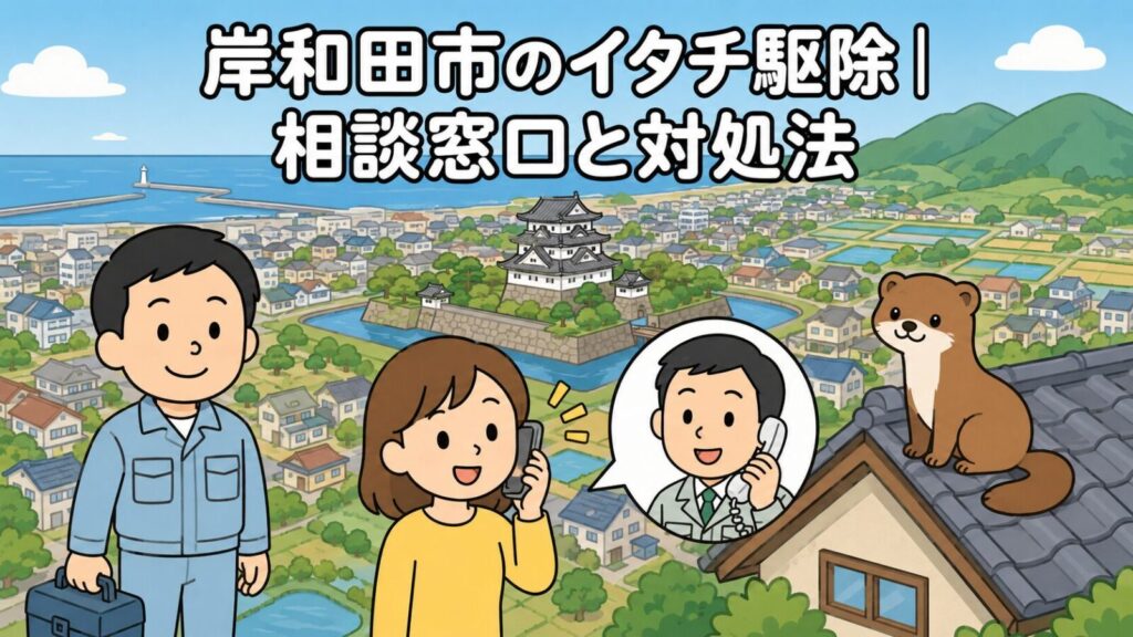 岸和田市のイタチ駆除の相談窓口と対処法を表すいらすとや風のメインアイキャッチ。海と天守閣のある城とお堀、住宅街と農地が広がる風景を背景に、スマートフォンで相談する女性と工具箱を持つ作業員、電話で応対する職員の吹き出し、瓦屋根の上のイタチを描いている