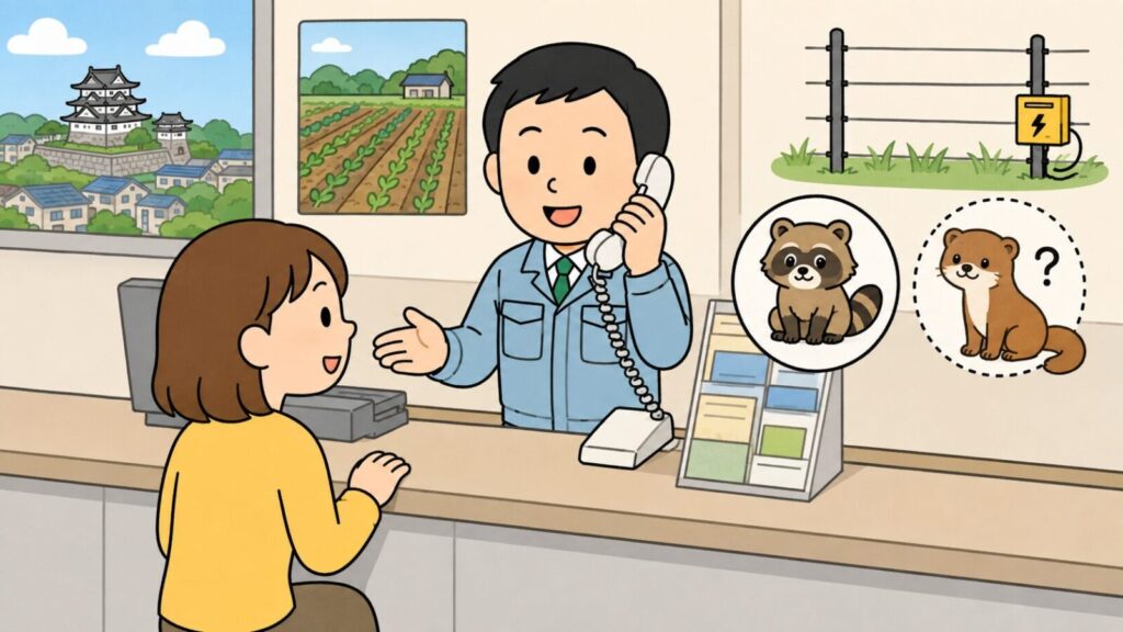 市役所の窓口カウンターで職員が電話で応対し、手前で相談する住民、カウンターの脇に実線の丸で囲んだアライグマと点線の丸にクエスチョンマークを添えたイタチを並べ、背景に畑と電気柵、城の風景を配した岸和田市の相談窓口のいらすとや風イラスト