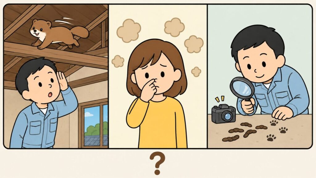 天井裏を走るイタチの物音に耳を澄ます住民、糞尿の臭いに顔をしかめる住民、虫眼鏡とカメラで細長い糞と足跡を調べる住民の3場面を並べ、下部のクエスチョンマークで手掛かり一つだけでは動物を断定できないことを示したいらすとや風イラスト