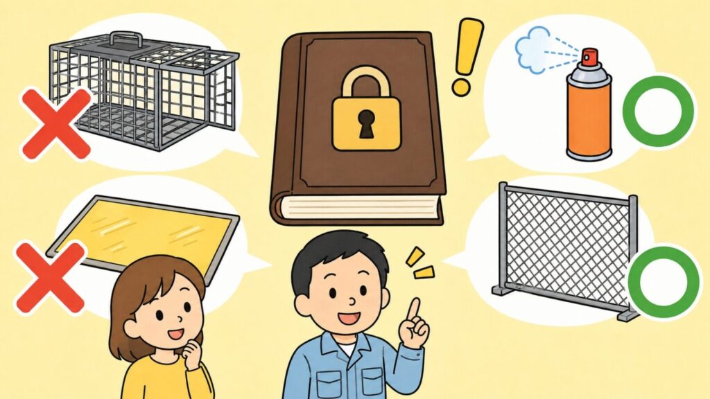 錠前アイコン付きの法律の本と黄色い注意マークを中央に置き、左に赤いバツ印の付いた箱わなと粘着シート、右に緑の丸印の付いた忌避スプレーと金網を配置し、人差し指を立てて説明する作業員と住民を添えたいらすとや風イラスト