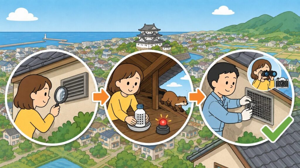 海と天守閣のある城、住宅街と農地を背景に、換気口の隙間を虫眼鏡で点検する場面、屋根裏に忌避剤とライトを仕掛けてイタチを追い出す場面、双眼鏡とカメラで確認してから金網を取り付ける場面を矢印でつないだいらすとや風イラスト