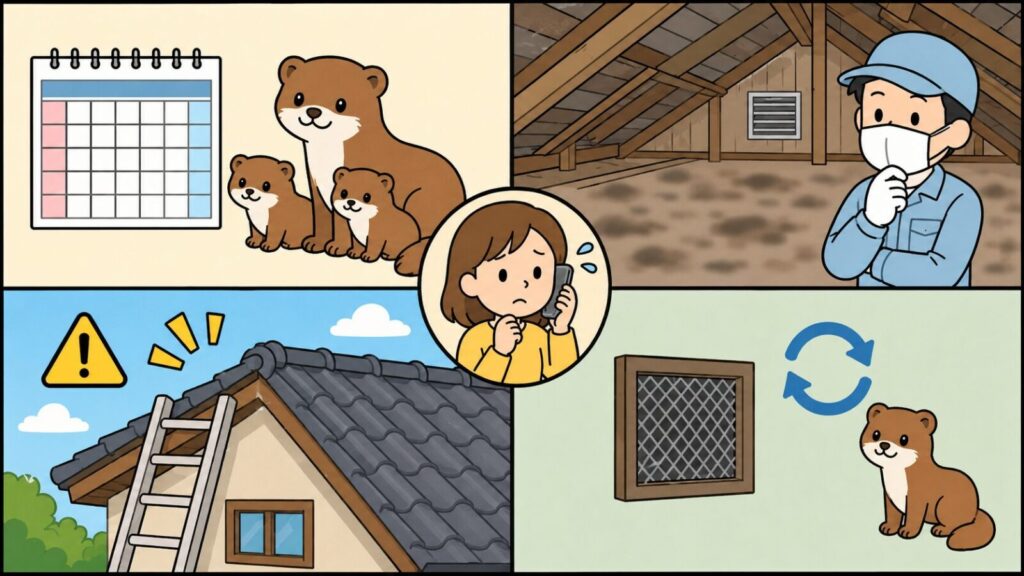 カレンダーの前に並ぶ親子のイタチ、マスクを着けて糞で汚れた天井裏を確認する作業員、はしごを立てかけた屋根の注意マーク、金網でふさいだ換気口の横に現れたイタチの4場面と、中央で困り顔で電話する住民を描いたいらすとや風イラスト