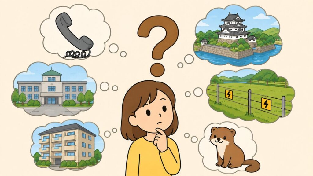 クエスチョンマークを中央に置き、受話器、天守閣のある城とお堀の風景、市役所の庁舎、畑の電気柵、集合住宅、イタチの吹き出しを周囲に配して、あごに手を当てて考える住民を添えたいらすとや風イラスト
