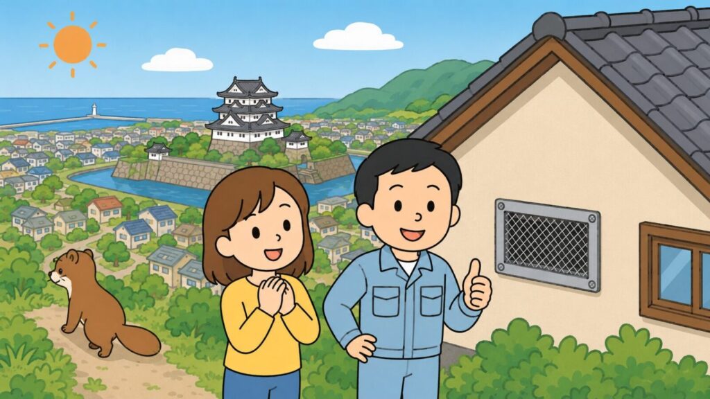 海と天守閣のある城、住宅街を背景に、金網で換気口をふさいだ住宅の前で笑顔の住民と親指を立てる作業員が並び、緑地の草むらへ去っていくイタチを描いた、岸和田市での対策完了を表すいらすとや風イラスト