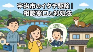 宇治川に架かる朱色の欄干の橋と五重塔、丘の茶畑、東の緑の山並みを背景に、スマートフォンで相談する黄色い服の住民女性と、受話器を持って笑顔で応対する市の男性職員、工具箱を持つ作業員、瓦屋根に座る茶色のイタチを描いた宇治市のイタチ駆除のいらすとや風メインアイキャッチ