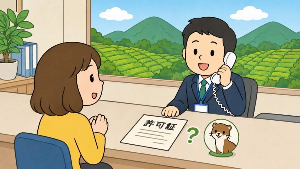 茶畑と緑の山並みが見える市役所の窓口カウンターで、受話器を持って応対する男性職員と相談する黄色い服の住民女性が向かい合い、カウンターに置いた「許可証」の書類とクエスチョンマーク、丸枠の中のイタチを並べて捕獲許可の窓口を表したいらすとや風イラスト