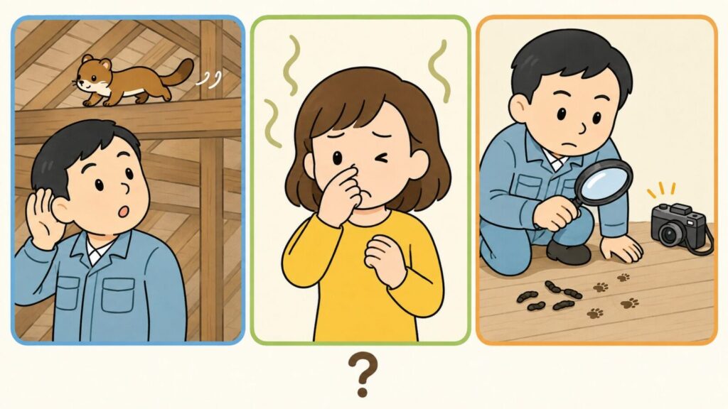天井裏を走るイタチの物音に耳を澄ます男性、糞尿の臭いに顔をしかめる住民女性、虫眼鏡とカメラで細長い糞と足跡を調べる作業員の3場面を横に並べ、下部のクエスチョンマークで手掛かり一つだけでは動物を断定できないことを示したいらすとや風イラスト