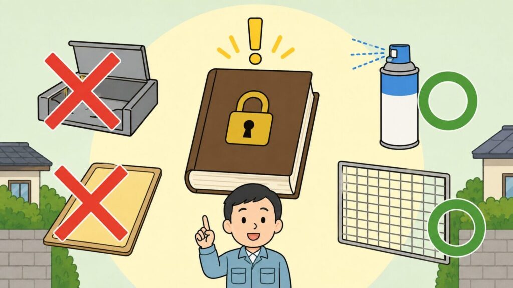 錠前アイコン付きの法律の本と黄色い注意マークを中央に置き、左に赤いバツ印の付いた箱わなと粘着シート、右に緑の丸印の付いた忌避スプレーと金網を配置し、人差し指を立てて説明する水色の作業服の男性を添えた、イタチ対策で許可なくできることとできないことを表すいらすとや風イラスト