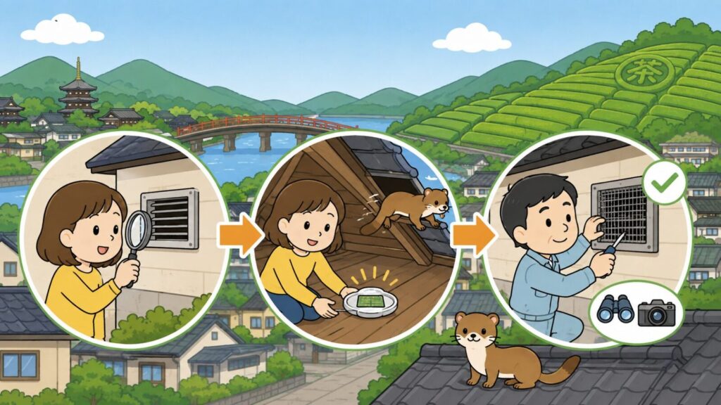宇治川と朱色の欄干の橋、丘の茶畑、五重塔のある町並みを背景に、換気口の隙間を虫眼鏡で点検する場面、屋根裏に忌避剤を仕掛けてイタチを追い出す場面、双眼鏡とカメラで確認してから金網を取り付ける場面をオレンジの矢印でつないだいらすとや風イラスト